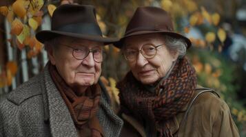 ouderen paar in herfst kleding buitenshuis foto