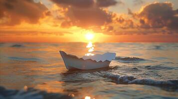 papier boot het zeilen Bij zonsondergang Aan kalmte zee foto