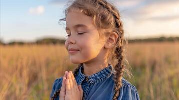 jong meisje bidden in een gouden veld- Bij zonsondergang foto