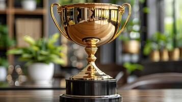 gouden trofee Aan houten tafel betekenend prestatie foto