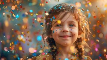 blij kind vieren met kleurrijk confetti buitenshuis foto