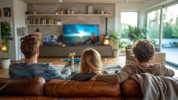 familie genieten van film tijd in knus leven kamer Bij avond foto