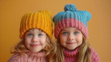 glimlachen broers en zussen in kleurrijk breien hoeden tegen oranje achtergrond foto