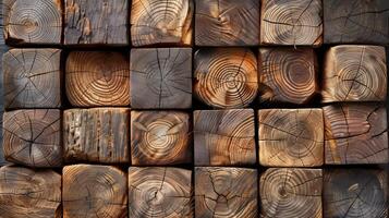 gestapeld houten logboeken presentatie van natuurlijk graan patronen foto