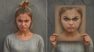 vrouw Holding portret met overdreven gelaats uitdrukking foto