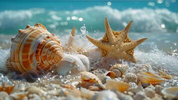 schelpen en zeester Aan zanderig strand met inkomend Golf foto