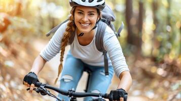 herfst spoor wielersport, vrouw rijden berg fiets door Woud foto