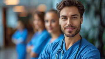 glimlachen mannetje verpleegster met collega's in een ziekenhuis gang foto