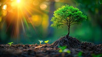 levendig zonnestraal achter jong boom Bij dageraad foto