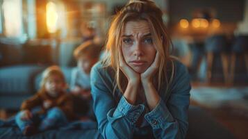 moe moeder aan het kijken over- kinderen gedurende avond uren foto