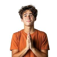 jong Mens in oranje overhemd gebed houding met transparant achtergrond foto
