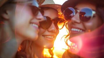 gouden uur glimlacht van drie vrienden Bij zomer festival foto