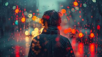 een persoon staand in de regen Bij nacht met lichten schijnend in de achtergrond. foto