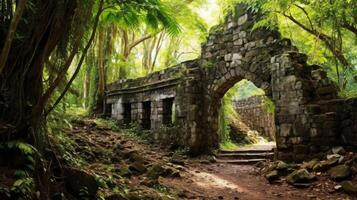 ruïnes van oude fort genesteld in sereen Woud foto