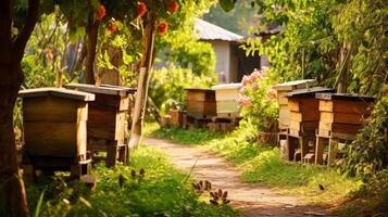 tuin met houten bijenkorven foto