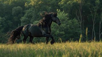 een majestueus Fries paard draven sierlijk aan de overkant een zonovergoten weiland. foto