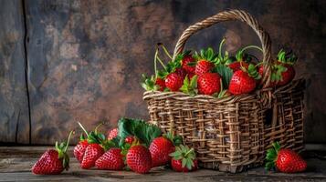 sappig aardbeien overlopend van een rustiek geweven mand foto