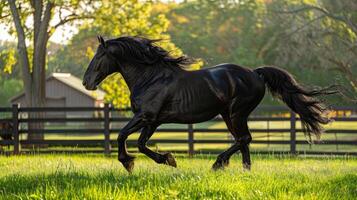 een majestueus Fries paard draven sierlijk aan de overkant een zonovergoten weiland. foto