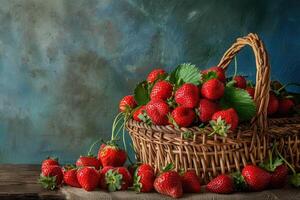 sappig aardbeien overlopend van een rustiek geweven mand foto