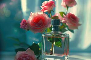 top visie van fles met parfum Aan mooi bloemen foto