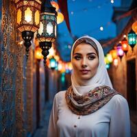 vrouw in traditioneel moslim kleding, lachend. mooi vrouw hoofdschot op zoek Bij camera en vervelend een hijaab. foto
