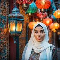 vrouw in traditioneel moslim kleding, lachend. mooi vrouw hoofdschot op zoek Bij camera en vervelend een hijaab. foto