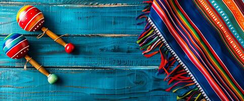 Mexico feestelijk houten achtergrond met sombrero, serape en maracas in vlak leggen visie foto