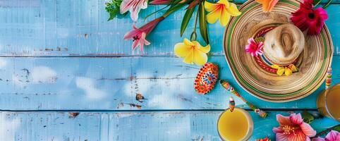 Mexico feestelijk houten achtergrond met sombrero, serape en maracas in vlak leggen visie foto