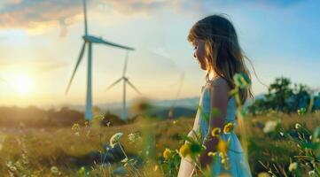 een meisje staat in een veld- van bloemen De volgende naar een wind boerderij dat produceert groen duurzame energie foto