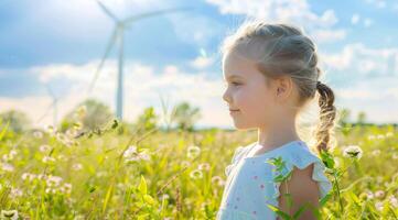 een meisje staat in een veld- van bloemen De volgende naar een wind boerderij dat produceert groen duurzame energie foto