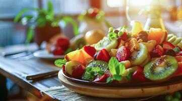 een bord van fruit salade met aardbeien, kiwi, sinaasappels en andere fruit foto