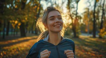 een vrouw loper rennen en jogging in een park. actief levensstijl, opleiding voor uithoudingsvermogen foto