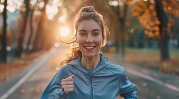 een vrouw loper rennen en jogging in een park. actief levensstijl, opleiding voor uithoudingsvermogen foto