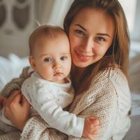 moeder Holding haar baby in een knus binnen- instelling foto