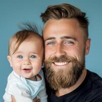 portret van een glimlachen gebaard Mens Holding een baby met blauw achtergrond foto