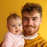 portret van een glimlachen jong vader Holding een zuigeling geschikt voor familie Diensten reclame foto