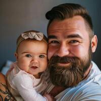 portret van een glimlachen gebaard vader Holding zijn baby dochter foto