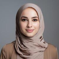 portret van een jong vrouw vervelend een hijab met een aangenaam uitdrukking foto