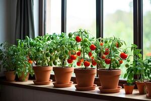 groeit eigengemaakt tomaten Bij huis Aan de vensterbank, keuken tuin, zaailingen voor aanplant in de de lente. foto