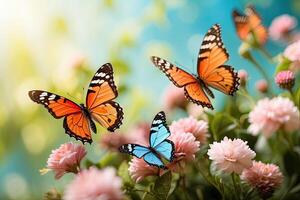 verzadigd helder levendig kleur vlinders Aan voorjaar en zomer wild bloemen in een veld- met een ruimte voor tekst. voorjaar tijd, zomer tijd. foto