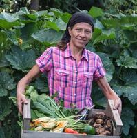 landelijk vrouw met de oogst van groenten van de biologisch tuin in een houten krat foto