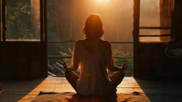 vrouw mediteren in een rustiek knus kamer. terug visie. yoga lotus houding. ochtend- licht, en zacht dromerig atmosfeer. foto