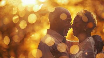 gelukkig romantisch aficaan Amerikaans senior paar is knuffelen en dansen samen. bokeh licht in de omgeving van. foto