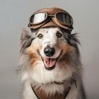 de vliegenier pup. een dapper grens collie klaar voor avontuur foto