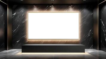 binnen- blanco wit LED scherm voor advertentie plaatsing, modern blanco lcd scherm tegen een zwart marmeren muur foto