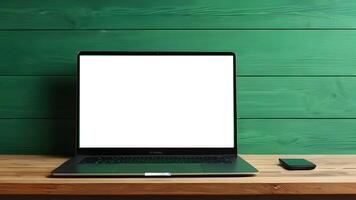 laptop met wit blanco scherm Aan houten tafel. groen getextureerde muur Aan achtergrond. foto