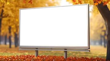 blanco horizontaal aanplakbord voor reclame Aan wazig herfst tuin achtergrond foto