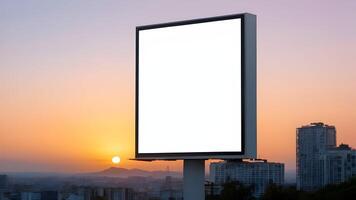 portret aanplakbord wit blanco voor buitenshuis reclame Aan stedelijk Bij zonsondergang foto