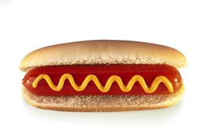heet hond, absoluut klassiek van Amerikaans snel voedsel Aan wit achtergrond met geel mosterd foto