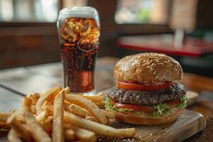 smakelijk hamburger met Frans Patat en een cokes foto